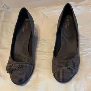 Gray and purple/burgundy wedge loafers. Size 12.